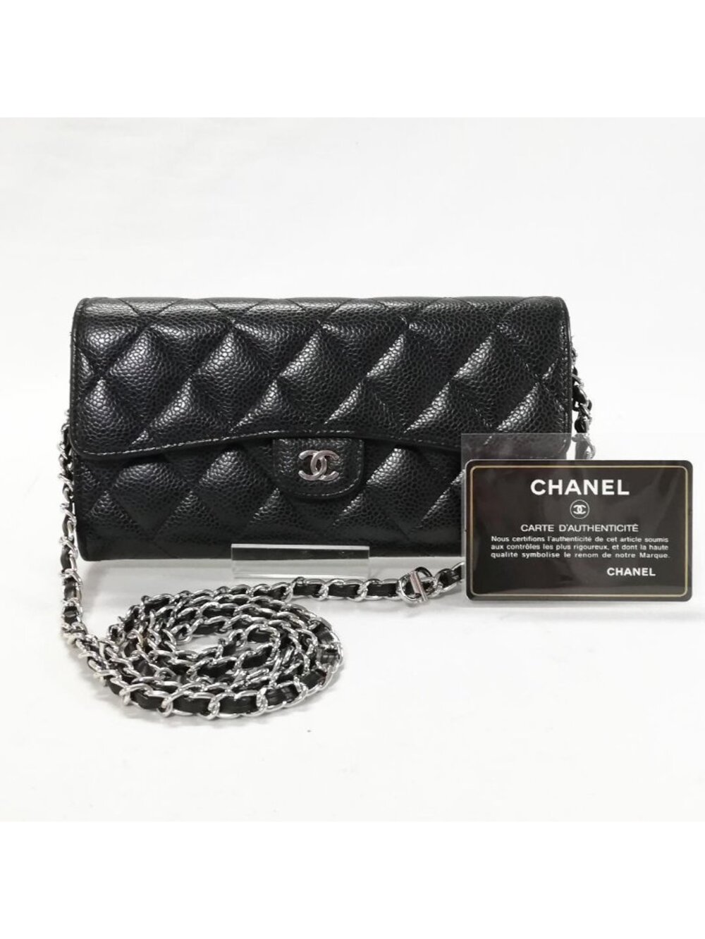 Chanel Class Caviar Leather Quilted Wallet Black Silver